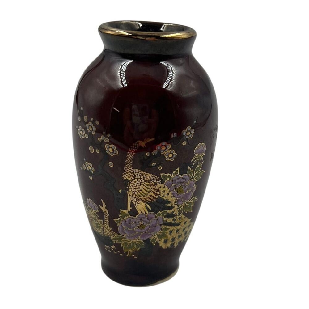 Vintage Miniature Peacock Japanese Vase CoBalt Gold Glazed Porcelain Mini Bud